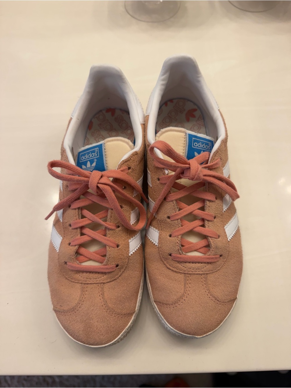 adidas Women’s Suede Sneakers in Peach and White with Coral Laces